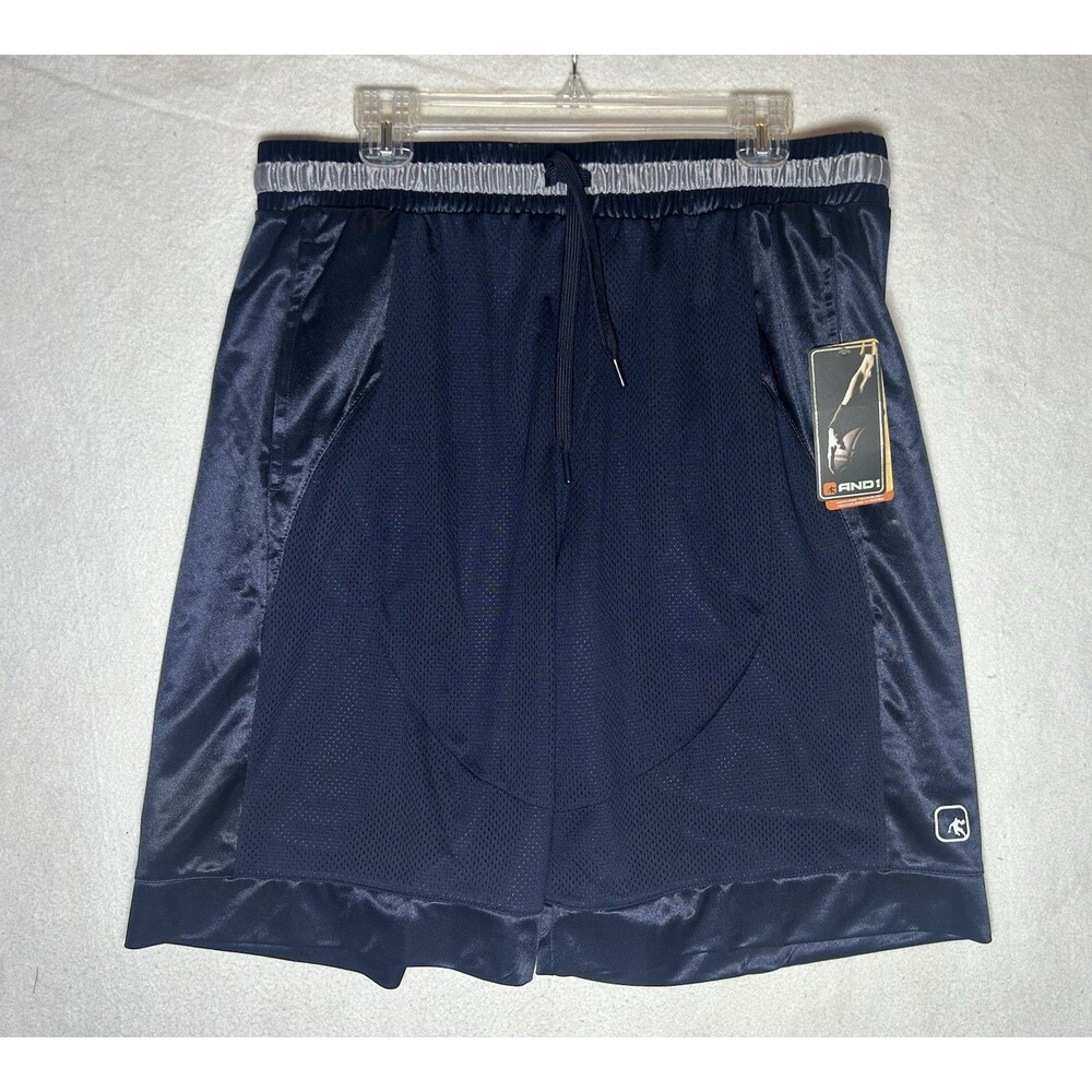 AND1 Men's Blue Mesh Basketball Shorts L Drawstring Elastic Waist